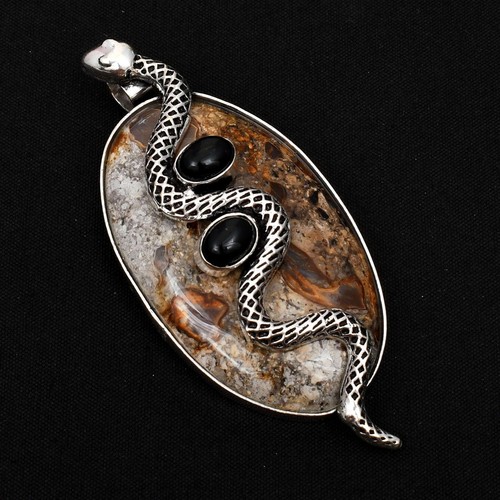 Coffee Bean Jasper Black Onyx Gemstone Snake Pendant Jewelry Gift 2.8" AP-10567