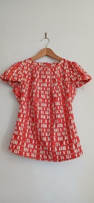 French Flutter Sleeve Top S Red Abstract Print Camaieu Paris Designed In France