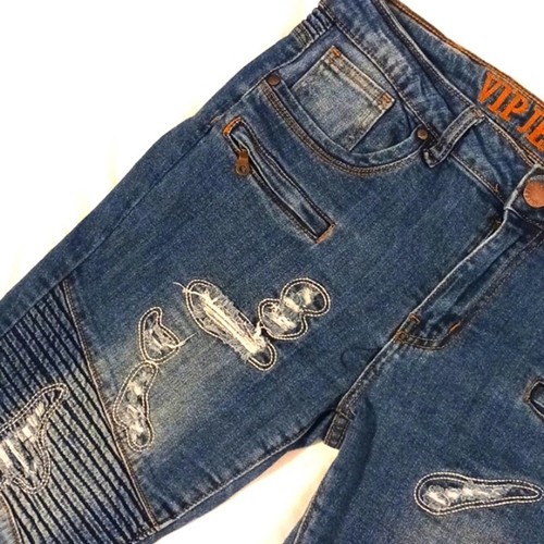 VIP Jeans Damen Gr. 11 12 blau ausgefallen distressed skinny ausgefranst Boho Hip Hop Designer - Bild 8 von 16