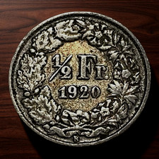 1920-B Toned SILVER Switzerland 1/2 Franc Swiss World Coin Helvetia Lot D1-29