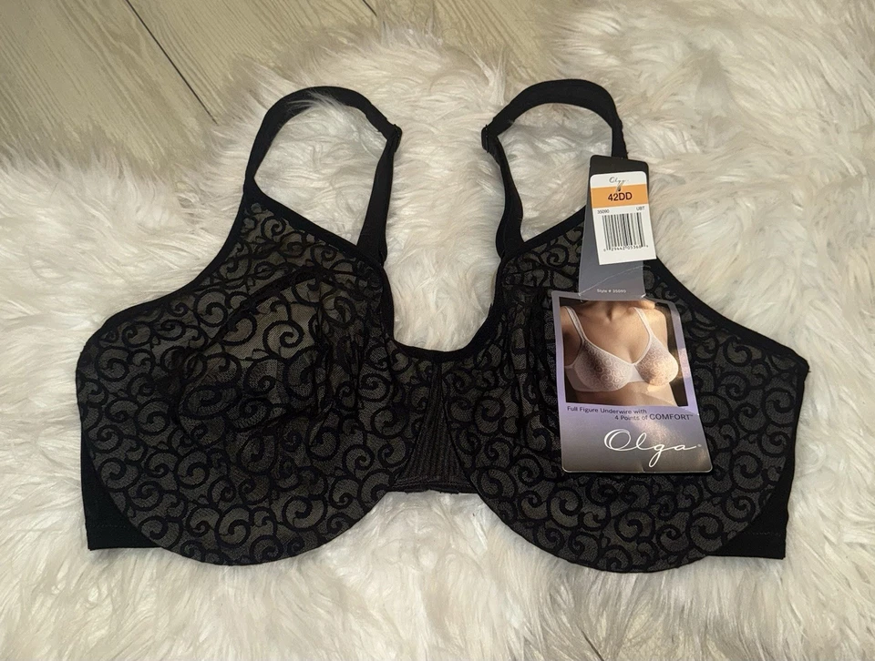 Olga 35090 Positively Fitting Silky Smooth Bra Lace Unlined UW Womens 42D Black - Image 2 of 4
