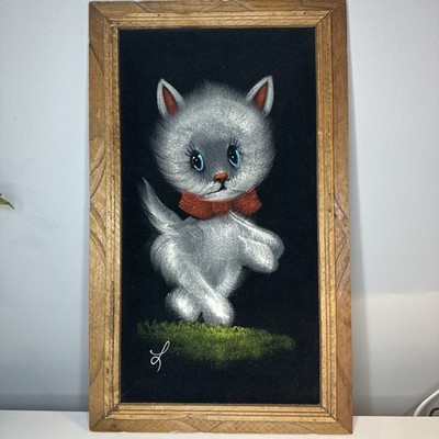 White Grey Kitty Painted On Black Velvet Signed Handmade Frame Vintage Cat Art
