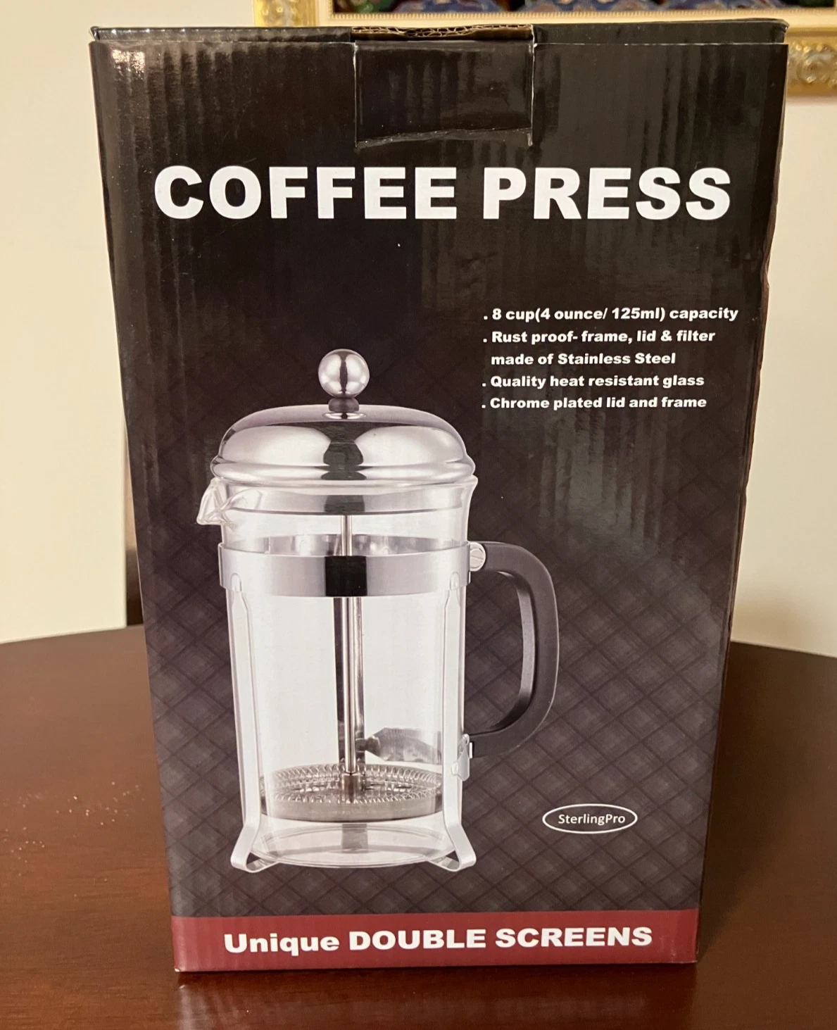 Coffee Press Sterling Pro Stainless Steel 8 Cup New in Box Double Screens