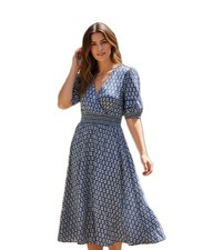 Draper James Deana Smocked Waist Dress Sz M Blue Angie Puff Short Sleeve Floral