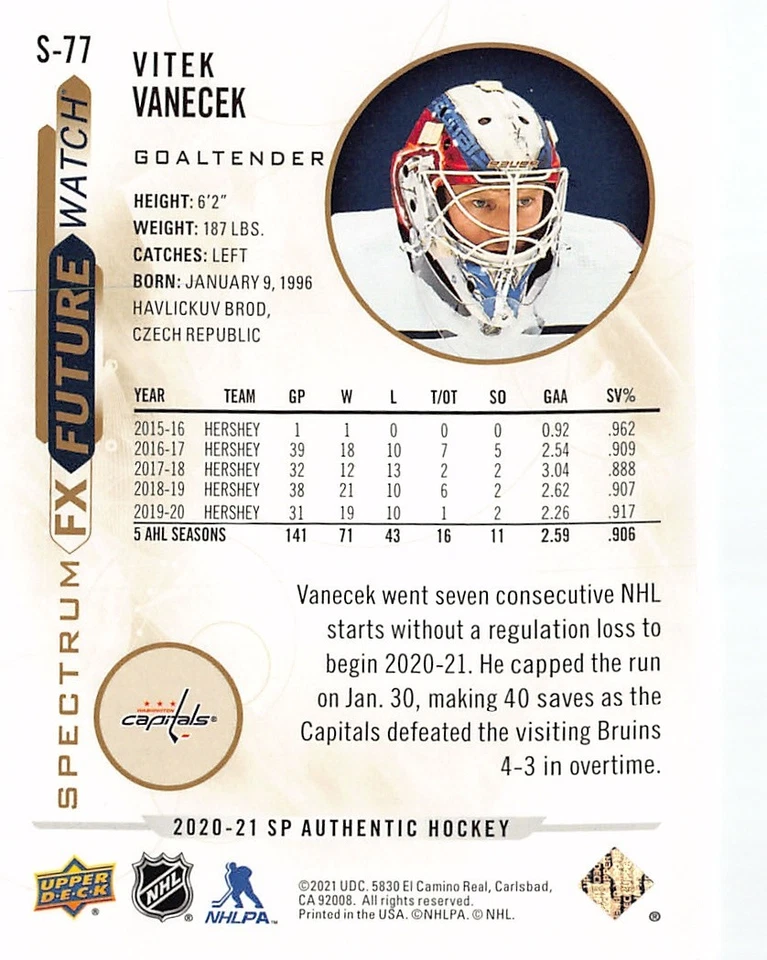 2020-21 SP Authentic Spectrum FX Gold #S77 Vitek Vanecek /50 - Image 2 of 2