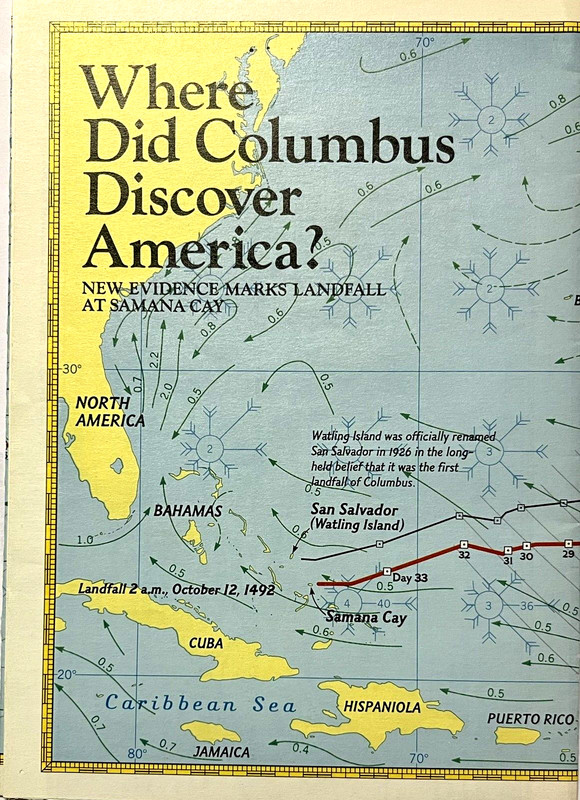Vintage National Geographic Maps" Where Did Columbus Discover America?" 1986