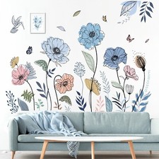 wondever Blue Boho Flower Wall Stickers Floral Grass Butterfly Peel and Stick...