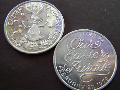 Two EASTER BUNNY & EASTER PARADE Plain Aluminum Mardi Gras Doubloons