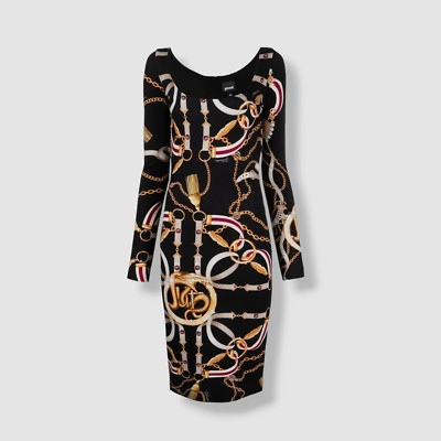 $565 Just Cavalli Women Black Graphic Print Midi Bodycon Dress Size IT 46/US 10
