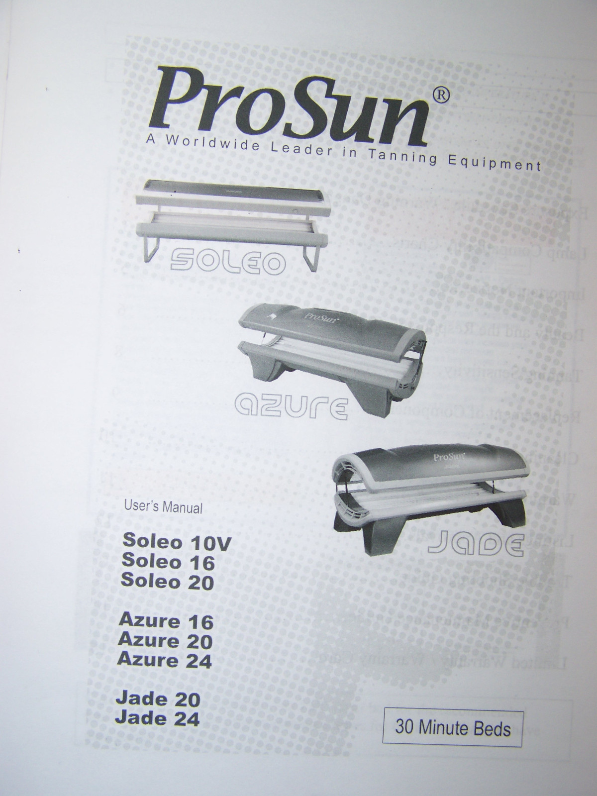 ProSun Tanning Bed User Manual Jade Soleo Azure 30 Minute Beds Pro Sun ...