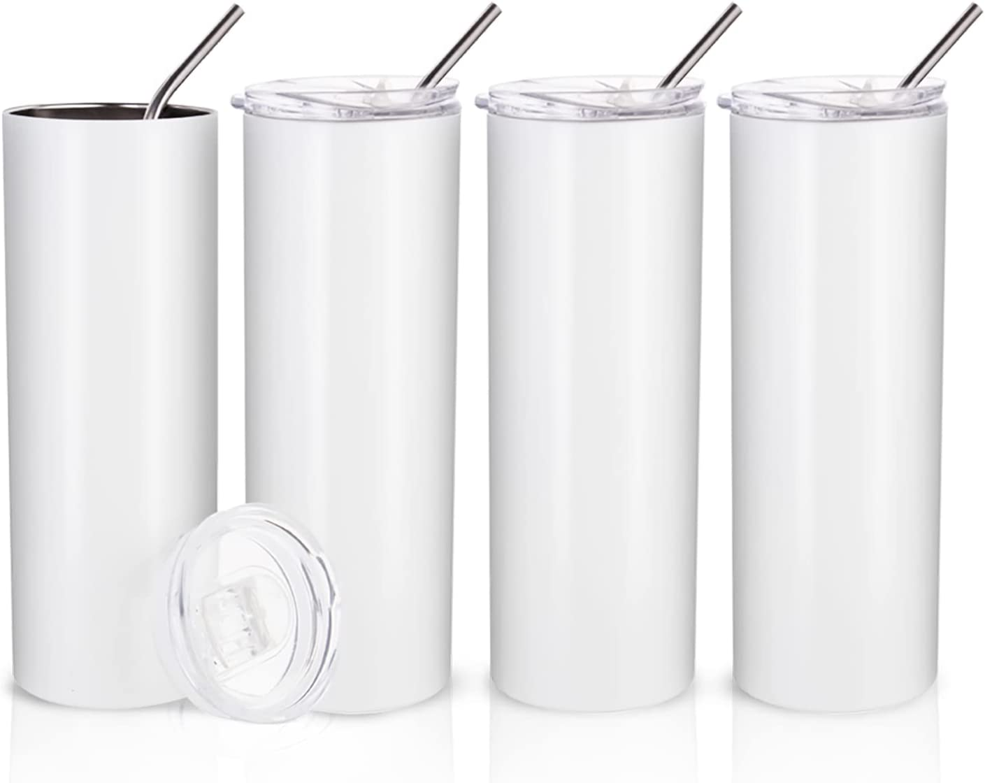 Slim 20oz Stainless Steel White Tumbler with Metal Straw Hot Cold Drink Cup