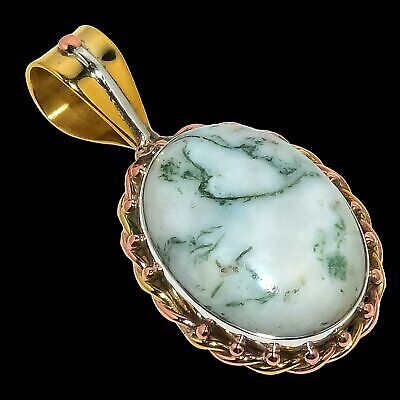 Natural Green Dendrite Opal 925 Solid Sterling Silver TwoTone Pendant 1.42