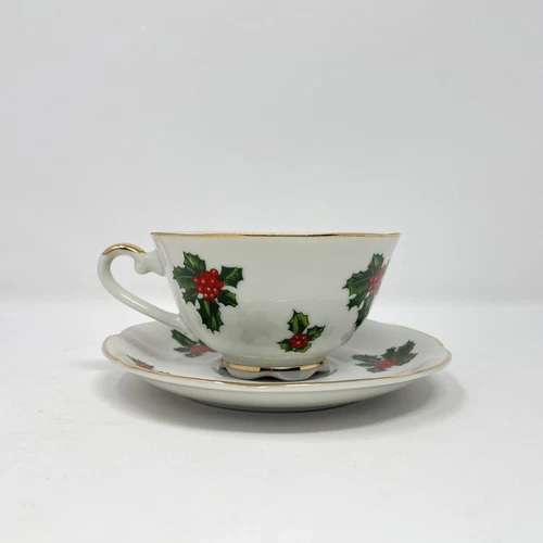 VTG Lefton Porcelain Cup Saucer Set #7950 Vintage Christmas Holly Berry Holiday