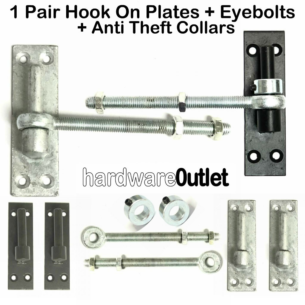 1 PAIR HOOKS ON PLATES + EYE BOLTS M12 16 or 19mm Gate Hinge Pin Band