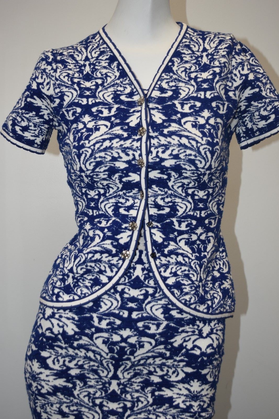 Nuevo Oscar de la Renta Conjunto Filigrana Encaje Vestido Tejido Y Chaqueta Azul