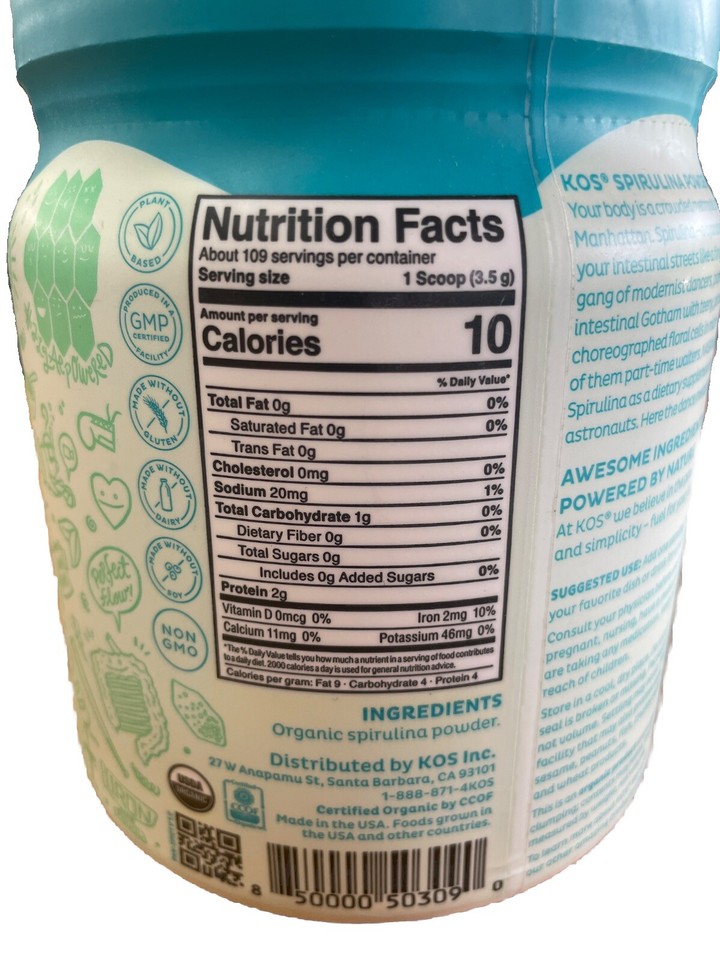 KOS Organic Spirulina Powder, 13.5 oz (381.5 g) Brand New Sealed Exp 05