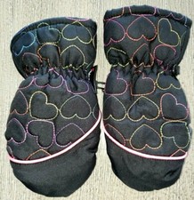 BABY GIRLS INFANT size BLACK GLOVES MITTENS rainbow HEARTS EMBRODIERED warm 