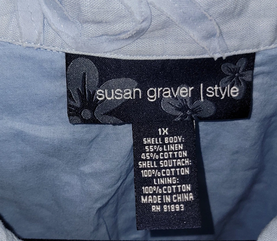 Vestido midi Susan Graver talla 1X para mujer azul floral bordado lino Lagenlook Foto 4 de 4