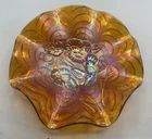 LOVELY VINTAGE CARNIVAL IMPERIAL AMBER PANSY RUFFLED BOWL CUT “ARC’S EXTERIOR”