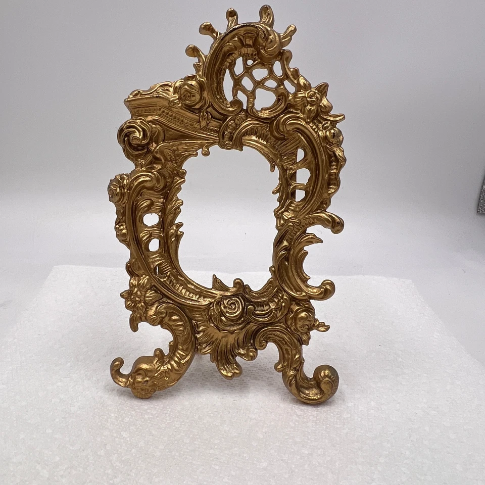 ORNATE ANTIQUE FRENCH GILT BRASS/BRONZE MIRROR FRAME EASEL CHERUB PUTTI 2.5x3.5" - Image 2 of 4