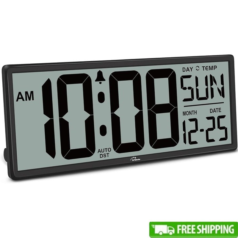 Large Digital Wall Clock Easy Read Battery Operated Temp Display Auto DST Indoor