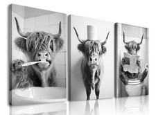 Highland Cow Bathroom Wall Art Set of 3, Funny Animal Cow Canvas Prints, Blac...
