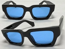 Mens Classic Vintage Retro Hardcore Biker SUNGLASSES Thick Black Frame Blue Lens
