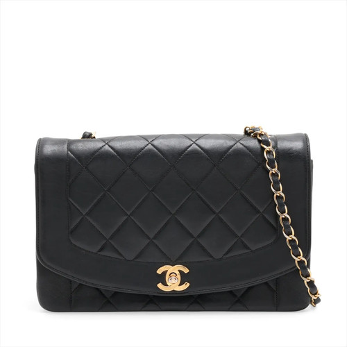 Chanel Matelasse Lambskin Single Flap Single Chain Bag Diana Flap Black Gold Met