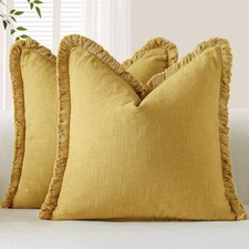 Set of 2 Linen Fringe Decorative Throw 18" x 18" Pack of 2 Honey Mustard