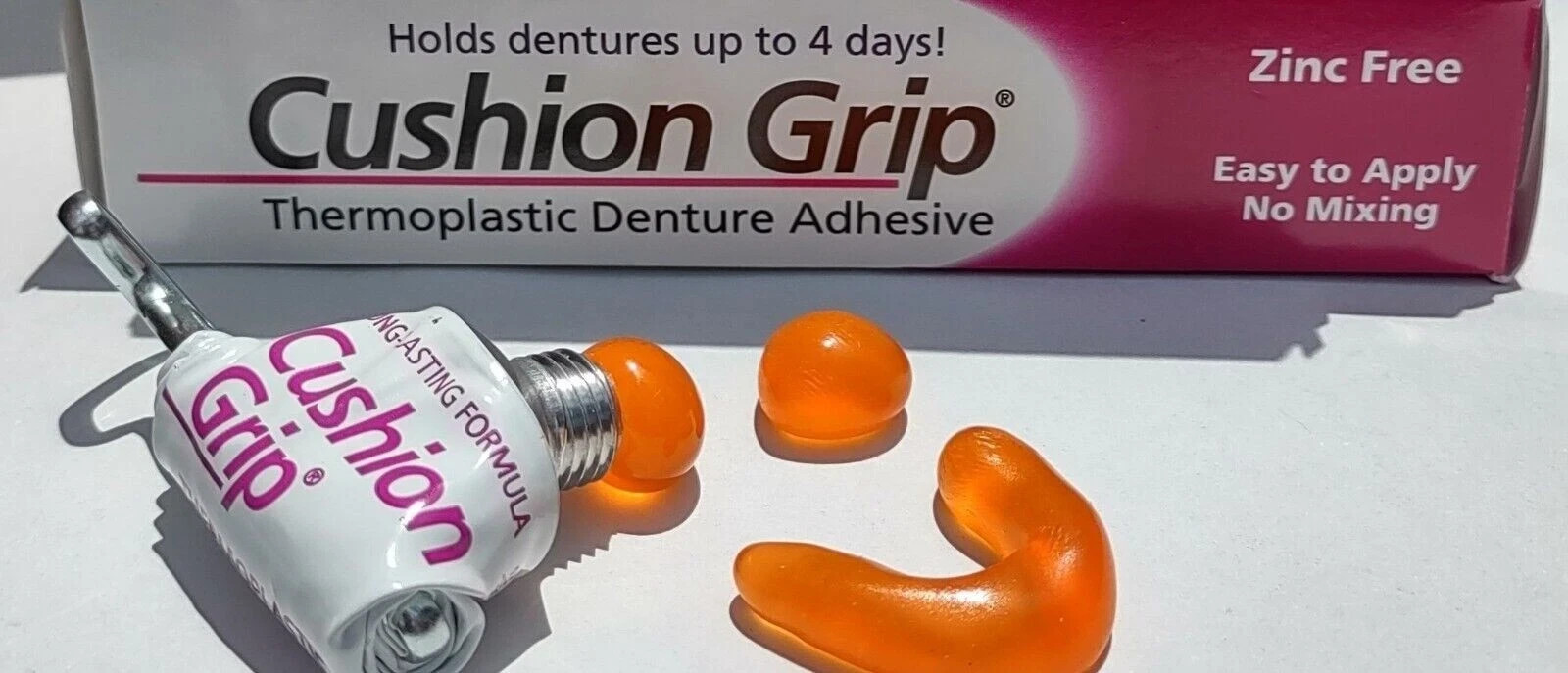 Cushion Grip Thermoplastic Denture Adhesive 1oz–Extra Strong Hold Up to 4 Days,