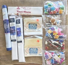 Cross Stitch Supplies Lot 6 Pkgs Aida Cloth & Embroidery Floss DMC & Other