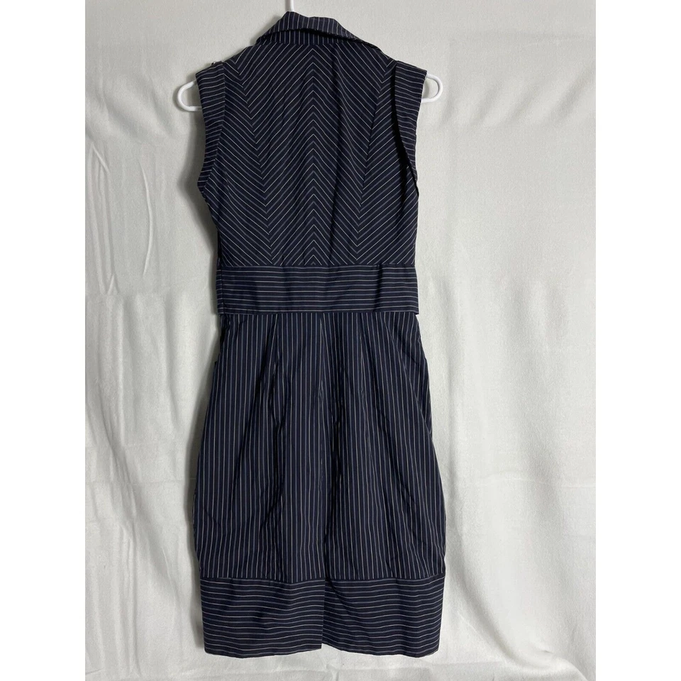 Karen Millen England Sz 2 Navy Pinstripe V Neck Bodycon Sheath Pencil Dress - Image 4 of 4
