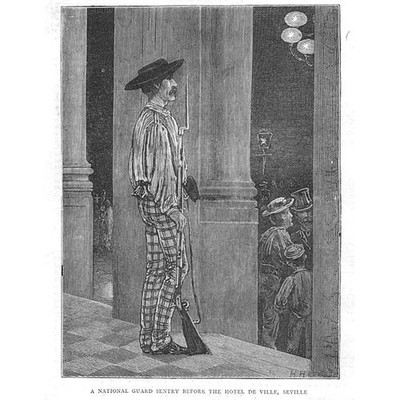 SPANIEN Nationalgarde Wachposten im Hotel de Ville in Sevilla - antiker Druck 1873