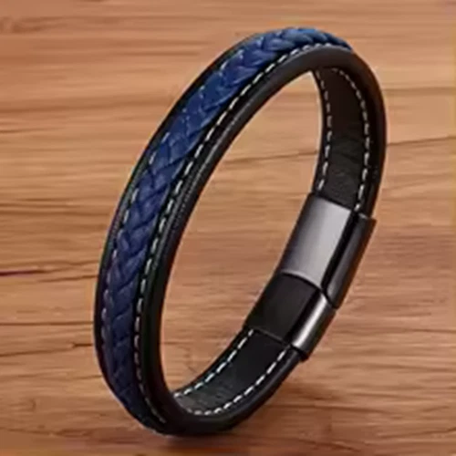 Bracelet en cuir pour hommes noir/bleu fermoir magnétique en acier inoxydable - Photo 1/2