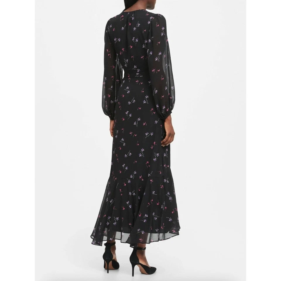 Banana Republic Long Sleeve V-neck Wrap Dress Black Floral Wedding Guest Size 4 - Image 2 of 4