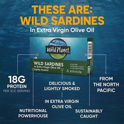 Wild Planet Wild Pacific Sardines 6 x 4.4 Oz Cans in Extra Virgin Olive Oil