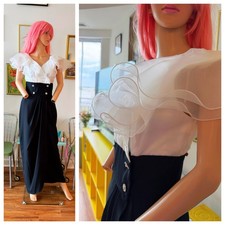 🎹 Vtg 80s Trophy Dynasty Glam Ruffle Tuxedo Cummerbund Maxi Party Dress M