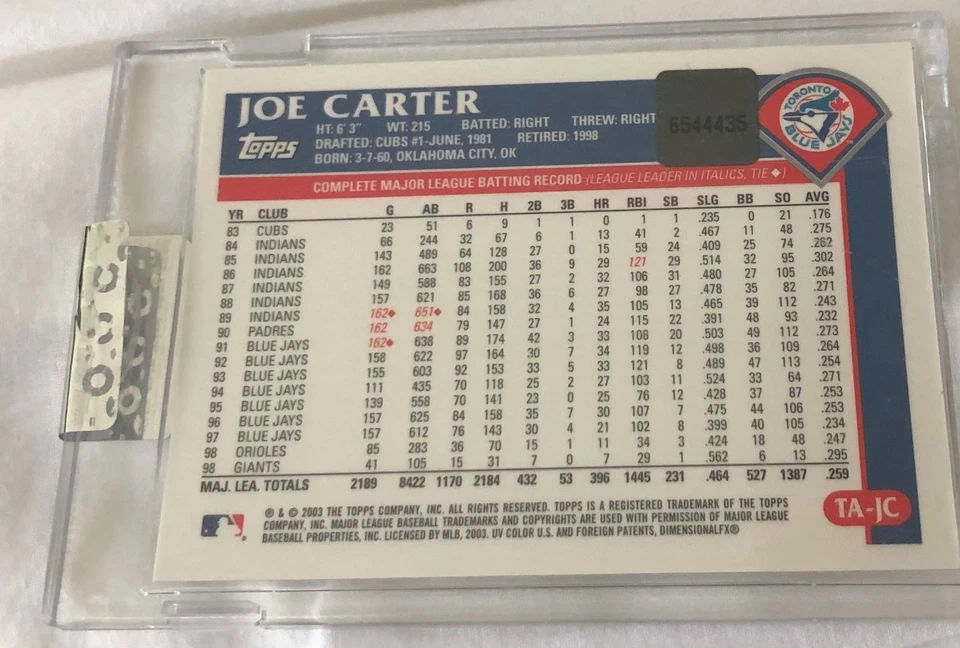 2003 Topps  - Sealed Certified Joe Carter #TA-JC Blue Rookie - Image 2 of 2