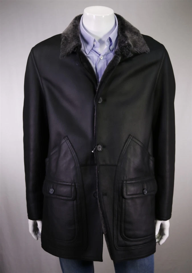LaMatta Men's Black Leather Shearling Lined Coat Eu 54 - US 44 - Image 2 of 4