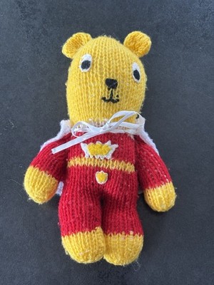 Vintage 1980s Hand Knitted Super Ted Plush Toy + Removable Superhero Cloak