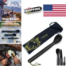 Durable Spork with Knife and Fire Starter Black Outdoor Utensil for Camping Gear