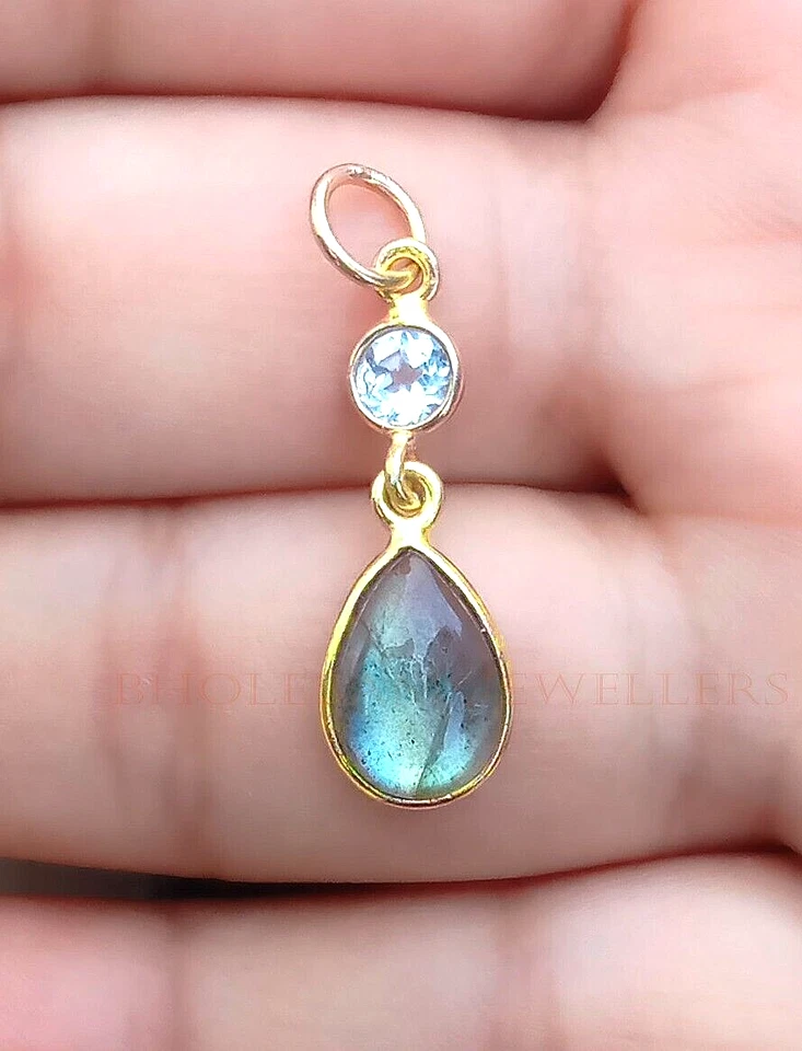Natural Labradorite And Blue Topaz Necklace, 18k-Yellow Gold Handmade Pendant - Image 3 of 4