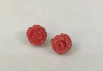 Vtg Sterling Silver 12mm Carved Open Rose Natural Red Pink Coral Stud Earrings F - Image 1 of 4