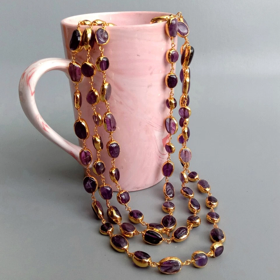 Ожерелье 18 дюймов 3 нити натуральный аметист произвольной формы с гальваническим покрытием - Изображение 3 из 4