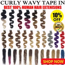 18Inch 45cm Seamless Wavy&Curly PU Skin Weft Tape In Remy Human Hair Extensions