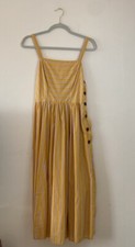 UO Yellow Striped Cotton Square-neck Midi Dress Button Side Closure