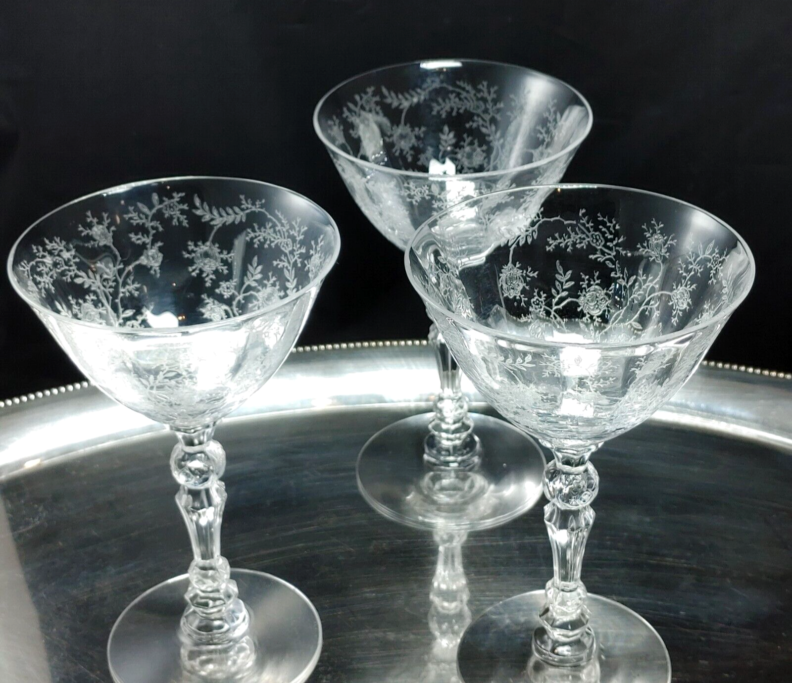 Vintage Set of 3 Fostoria Chintz Etched Crystal Champagne Sherbet Glasses