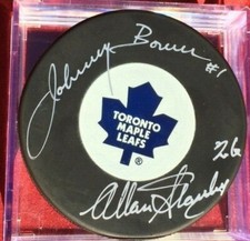 JOHNNY BOWER  ALLAN STANLEY DUAL PUCK TORONTO MAPLE LEAFS SIGNED AUTOGRAPHED 