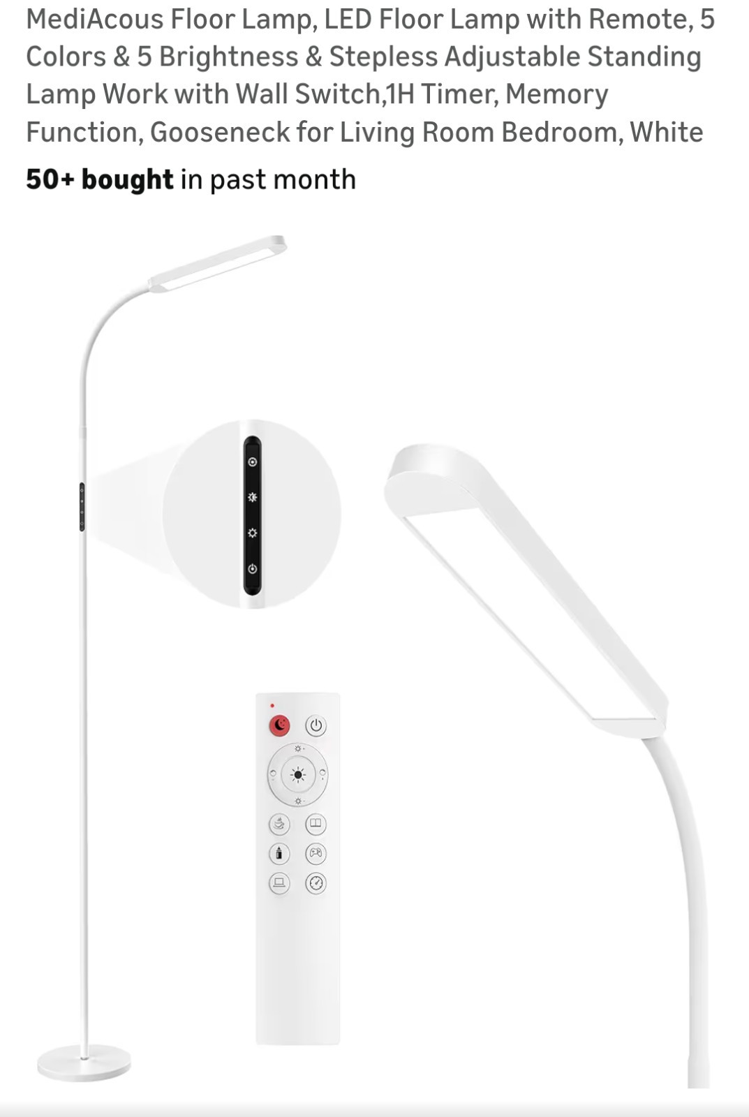Mediacous LED Floor Lamp White Remote Control Dimmable