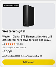 Western Digital WD Elements 6TB USB 3.0 Desktop External HDD, Black